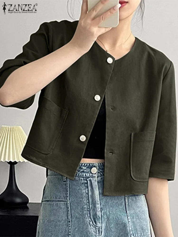 

Elegant Solid Blazer Women Cropped Blouse Spring Coats Thin ZANZEA Female Half Sleeve O Neck Outwear Party Tops Buttons Shirt