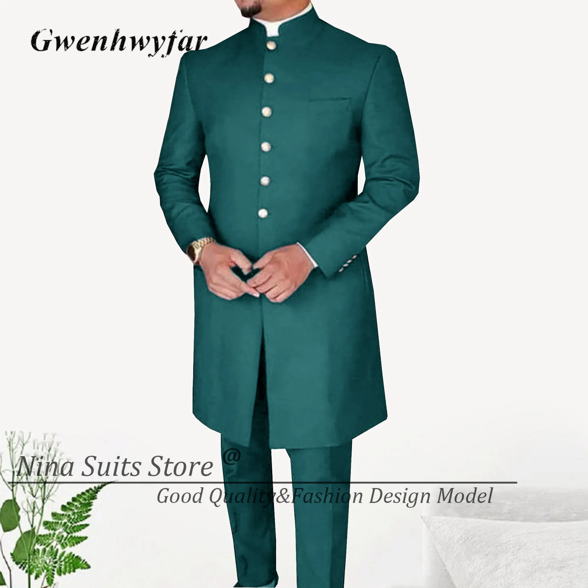 G&N New Men Suits African Long Jacket Grey Elegant Gold Buttons Groomsmen Party Man Formal Costume 2 Pieces Male Tuxedos