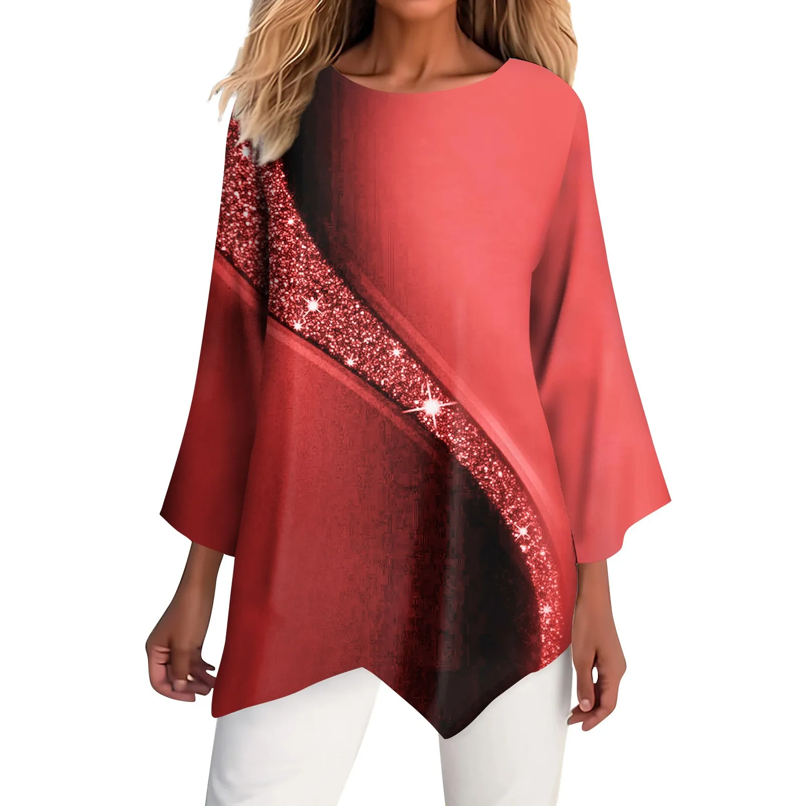 

Женская модная одежда, цветная футболка в стиле пэчворк с геометрическим принтом, круглым вырезом и рукавом 3/4, необычный подол, стандартная свободная футболка 5xl
