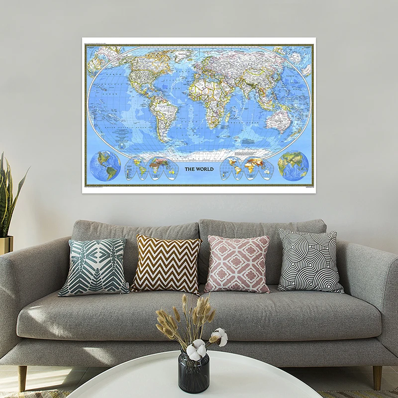 1pc 1988 World Map 225*150cm Non Woven Map of World Poster Detailed Poster Wall Decor Wallpapers Office Supplies
