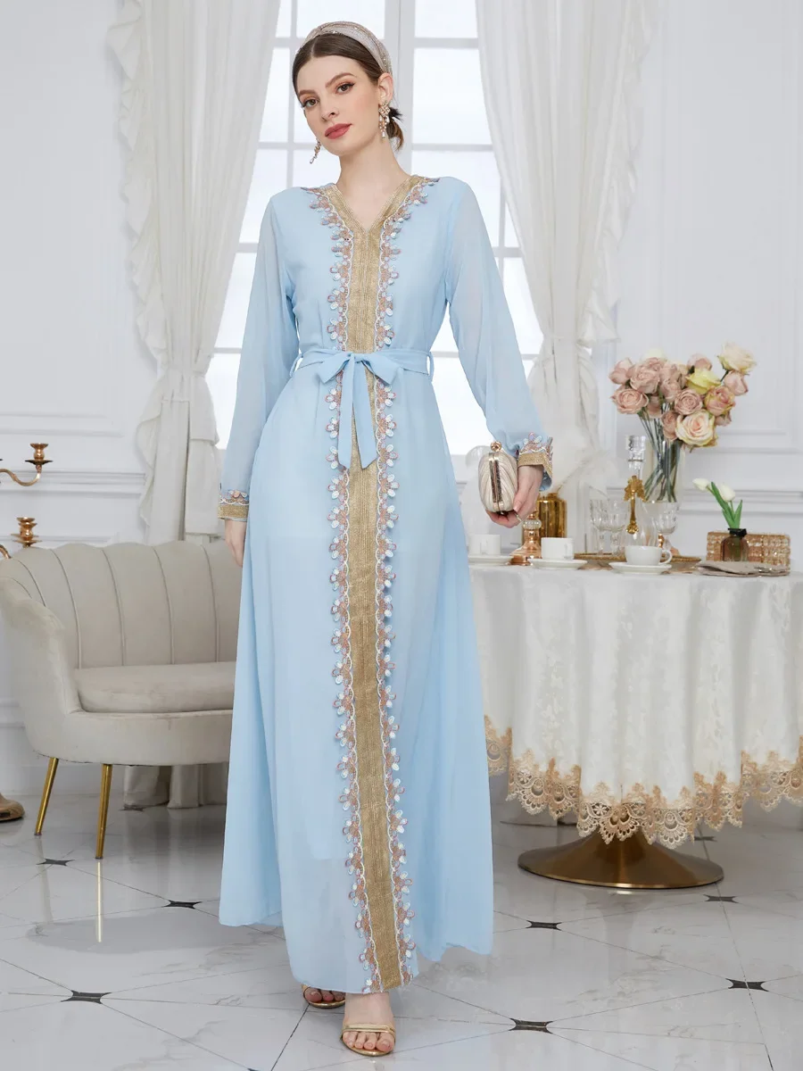 

Chiffon Morocco Dress Muslim Women Abaya Prayer Lace-up Long Sleeve Robe India Abayas Dubai Turkey Longue Vestidos Largos 2024