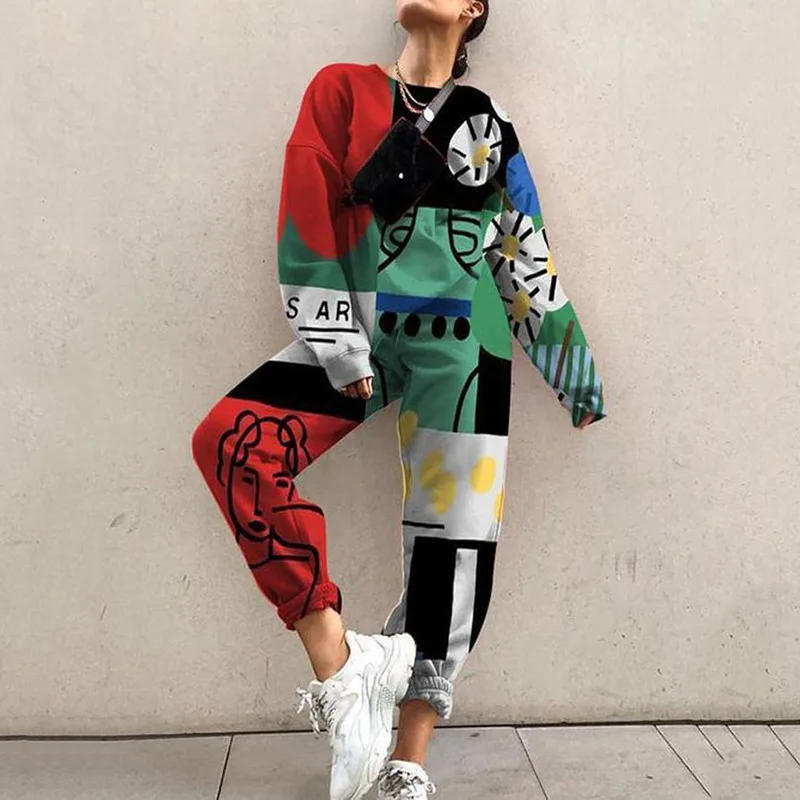 Women Casual Sport Suit Fashion Harajuku Print O Neck Tops And Pencil Pants Set Autumn Hooded Sweatshirt Tracksuit Two Piece Set 3