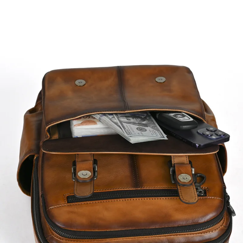 Retro Unisex Genuine Leather Handcrafted Backpack with Vintage Fading Effect