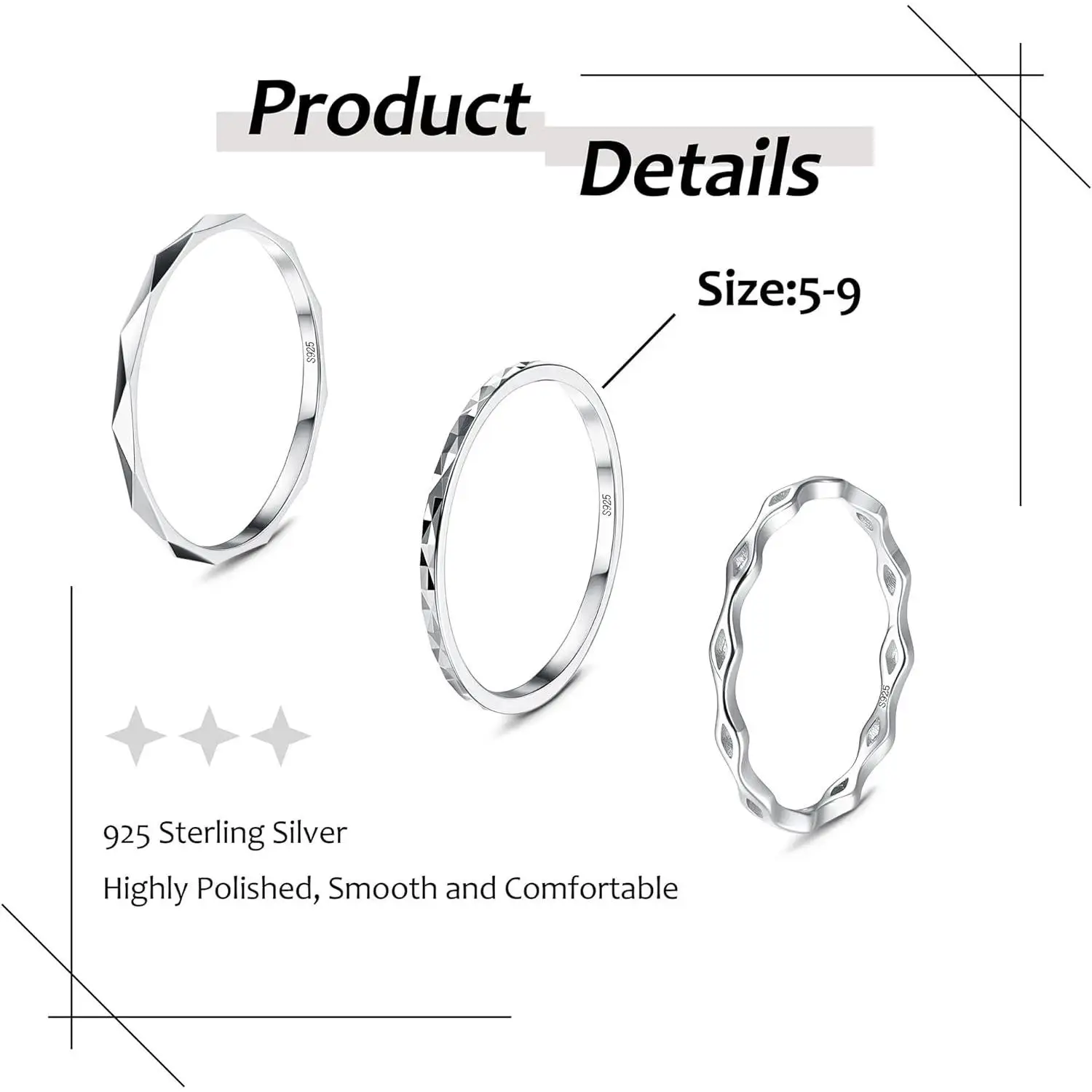 Fansilver S925 anelli in argento Sterling per donna uomo 18 carati placcato oro bianco fascia Knuckle anelli impilabili anello Vintage elegante fascia - immagine 6