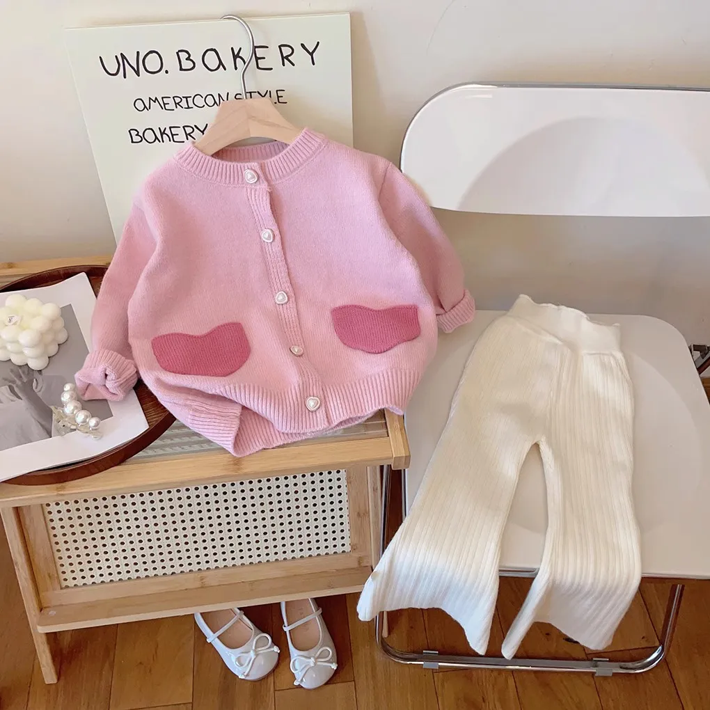 여아용 가디건 스웨터 재킷 2025 봄 신상 한국 스타일 패션 달콤한 핑크 하트 니트 스웨터