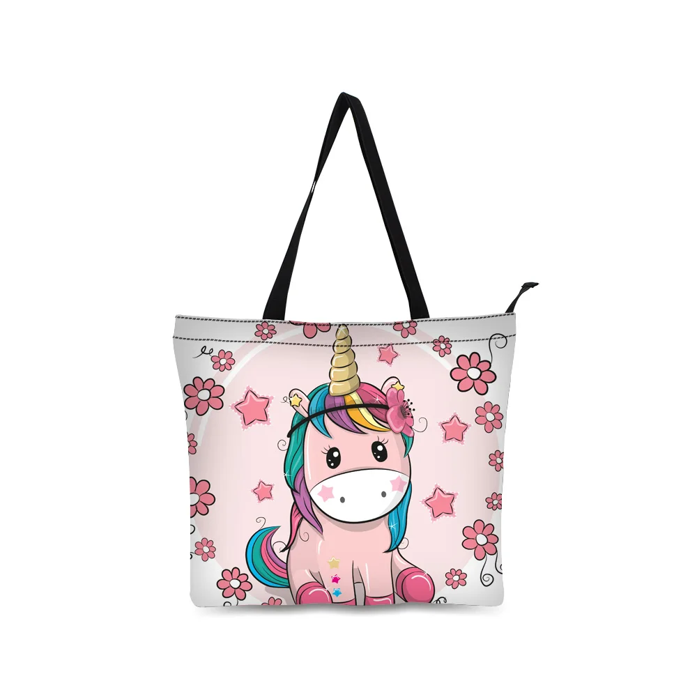 

Unicorn Print Canvas Shopping Bag Personalized Tote Bags Shoulder Bag 3D Cute Girl Design Black Grocery Bag Cotton Handbag Black