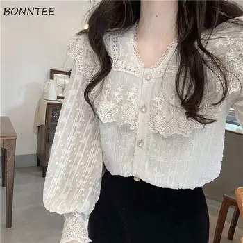 여성용 레이스 긴팔 셔츠, 프릴 에지 용수철, 올 매치 우아한 스위트 상의, 여아 패션 블라우스, 레트로, 화이트, 새로운 스타일, 여름