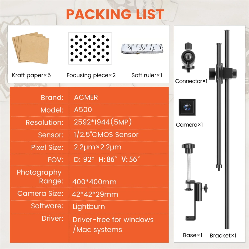 ACMER A500 Lightbrun Camera Laser 5 million pixels Support Video Record Intelligent positioning Suit for Most Laser Engravers Mini Camcorder