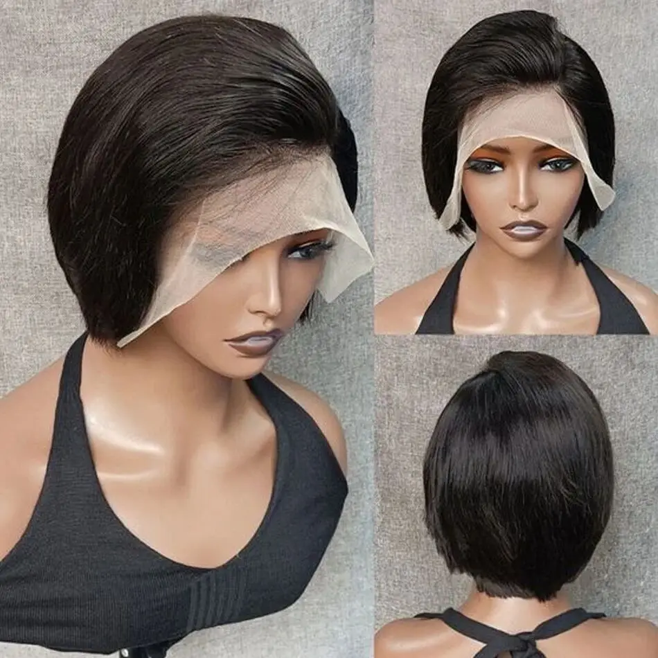 Straight Pixie Cut Wigs Short Bob Human Hair Wigs 13*1 Transparent Isee Lace Front For Women 8 Inch 180 Density Perruque