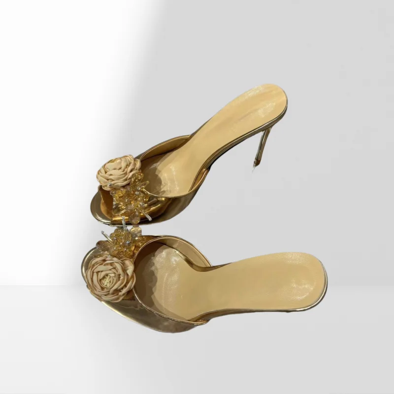 Golden Pointed Peep Toe Thin Heels Spring New Women Slippers Rose Crystals Decor Heels Elegant Banquet Dress Lady Shoes