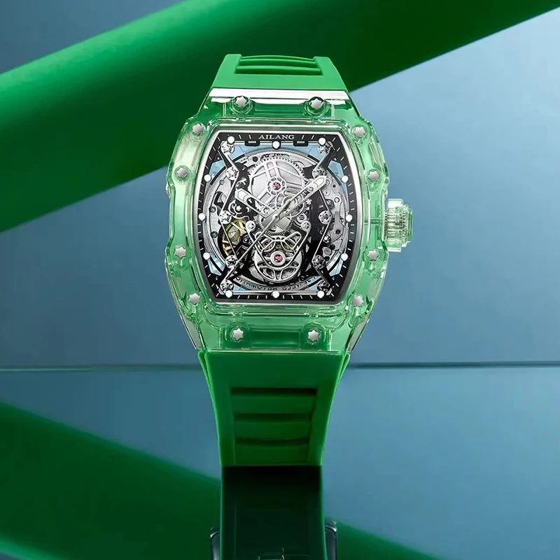 AILANG Men's Automatic Mechanical Watch Sport Silicone Strap Waterproof Luminous Tonneau Design Skeleton Wrist Watch For Men_voghion.com