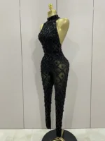 Luxury Sparkly Black Diamond Mesh See THhrough Jumpsuit Women Celebrate Birthday Sexy Dancer Nightclub Performance Stage Costume - Image 2