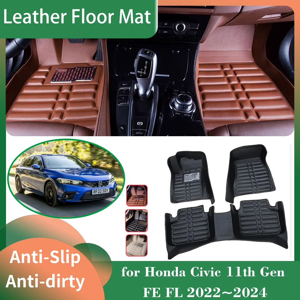 

Car Leather Floor Mat for Honda Civic 11th Gen FE FL 2022~2024 Foot Interior Liner Waterproof Carpet Pad Custom Rug Accessories
