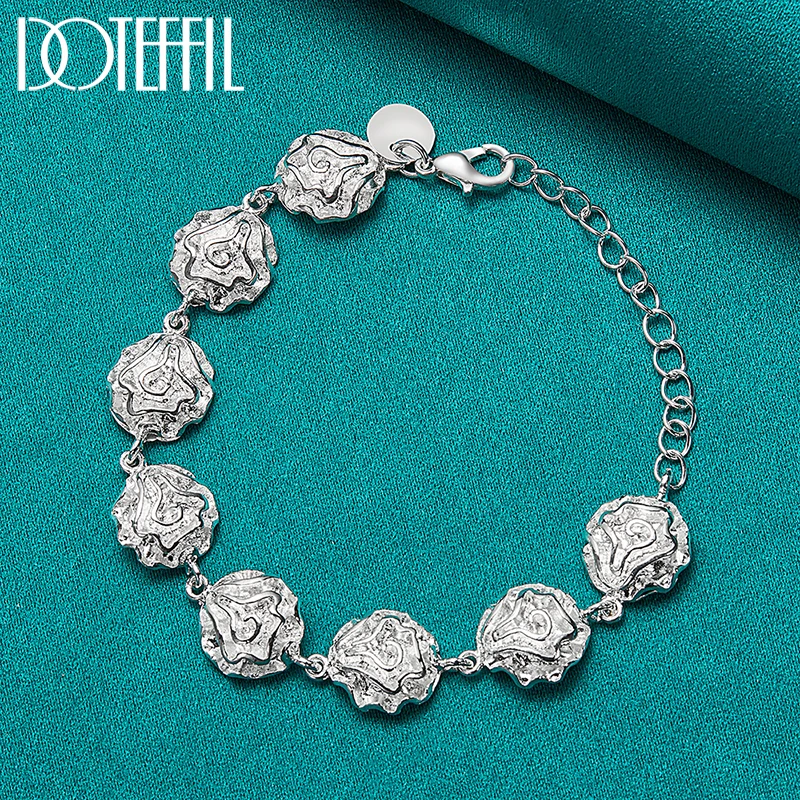 DOTEFFIL 925 Sterling Silver Rose Flower Necklace Bracelet Earring Ring Set For Woman Wedding Engagement Fashion Charm Jewelry