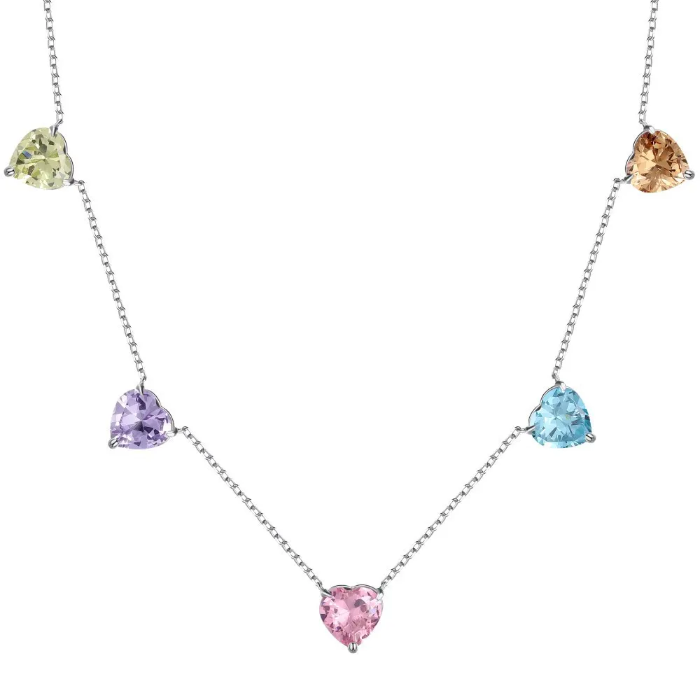 

925 Sterling Silver Necklace with High-end Color Heart Zirconia Inlaid with European and American Collarbone Chains