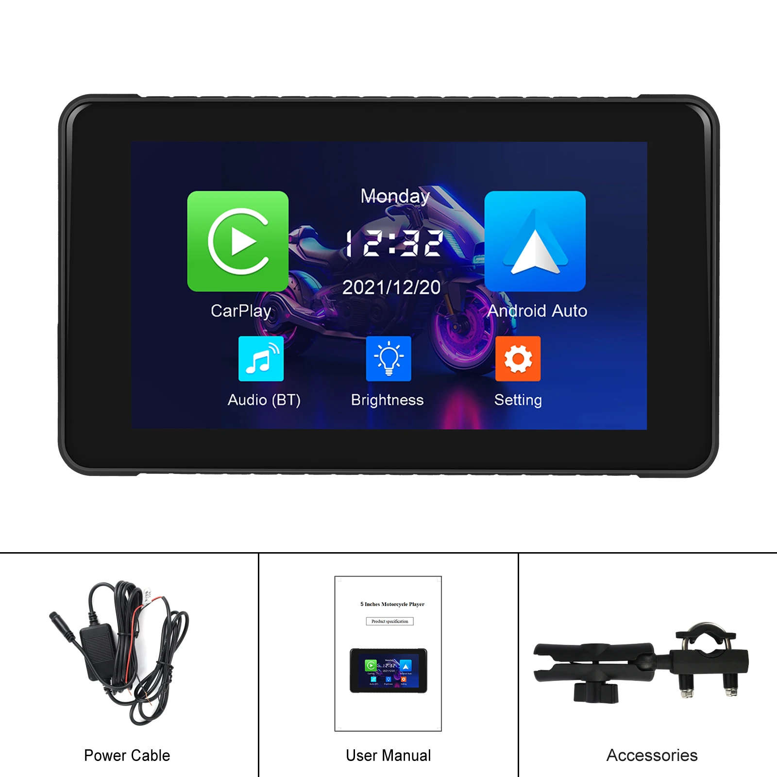 Podofo 5inch Motorcycle Carplay Touch Screen Smart Screen Player Android Auto IP65 Waterproof Bluetooth Type-c Motor Carplay