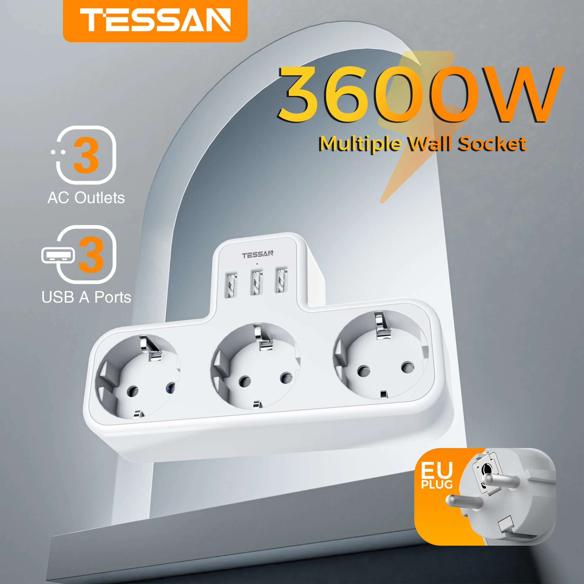 3-Way Socket with USB Surge Protection 6-in-1 Socket Adapter with 3 USB Ports 5V/2.4A For Smartphone Laptop Camera TESSAN electrical socket power strip power socket plug adapter power plug adapter