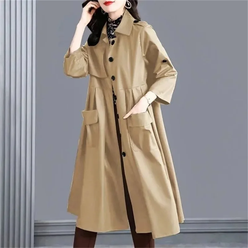 3XL Female Windbreaker Coat Women's Spring 2023 New High End Loose Style Slim Autumn Mid length Coat Women Pocket Pleating Coat