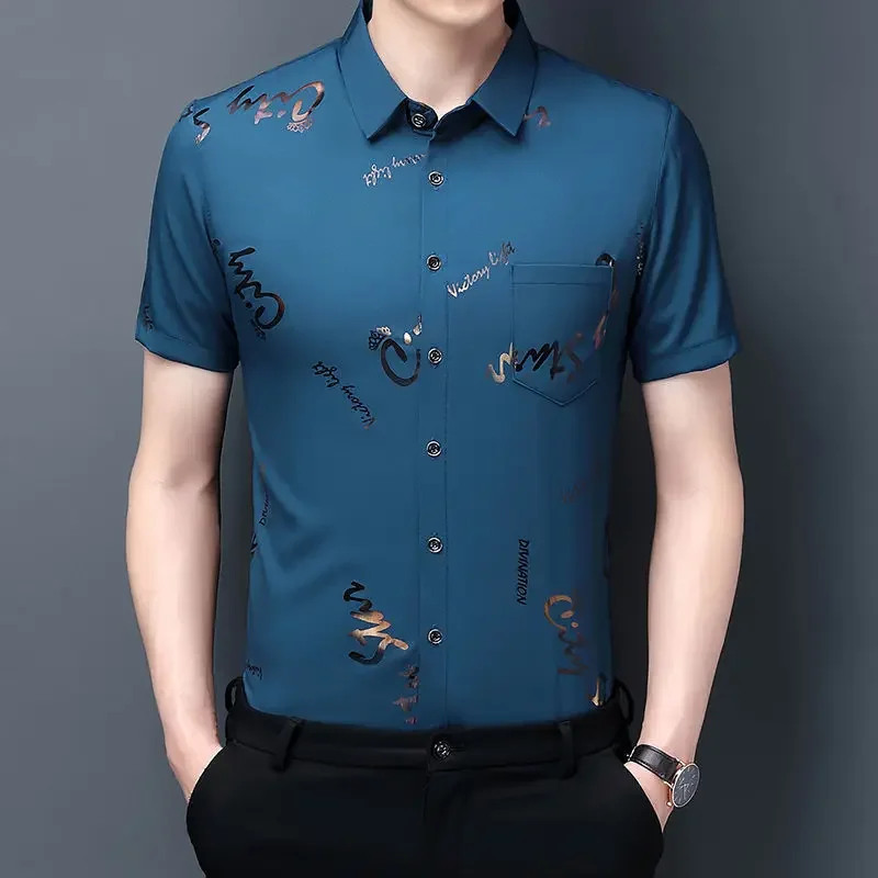 

Fashion Lapel Pockets All-match Printed Shirt Men's Clothing 2023 Summer New Oversized Casual Tops Short Sleeve Korean Shirts