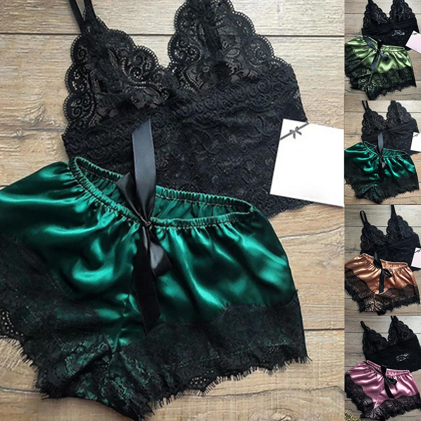 2Pcs Women Sexy Pajama Set Sexy Lace Patchwork Satin Silk Spaghetti Strap Top Hot Shorts Sleepwear