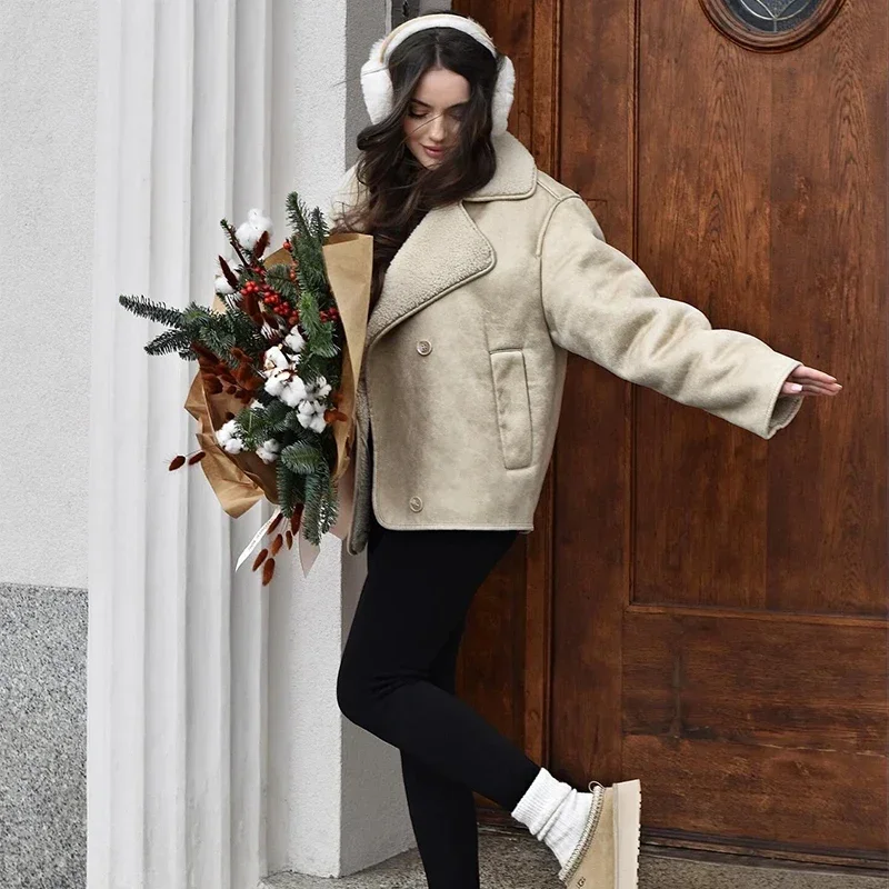 Vintage Women's Leather Jacket Loose Thick Warm Lapel Single Breasted Long Sleeve Fleece Jacket Fall Winter Street Outwear