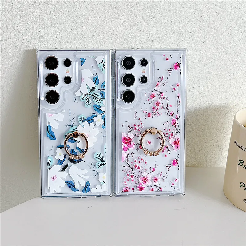 Bloem Ring Telefoon Houder Clear Case voor Samsung A55 S24 Ultra S23 S22 S21 S20 FE Note 20 A15 25 35 14 24 34 54 53 32 52_voghion.com