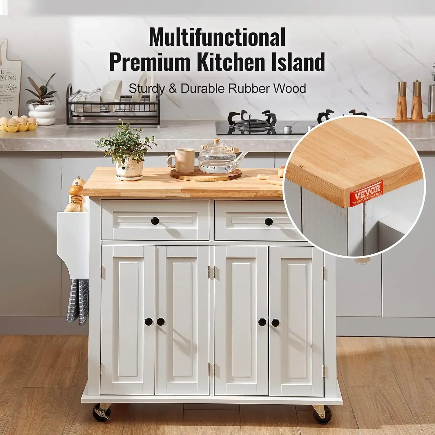 Kitchen Island Cart with Solid Wood Top, 35.4" Width Mobile Carts with Storage Cabinet, Rolling Kitchen Table with Spice Rack 6