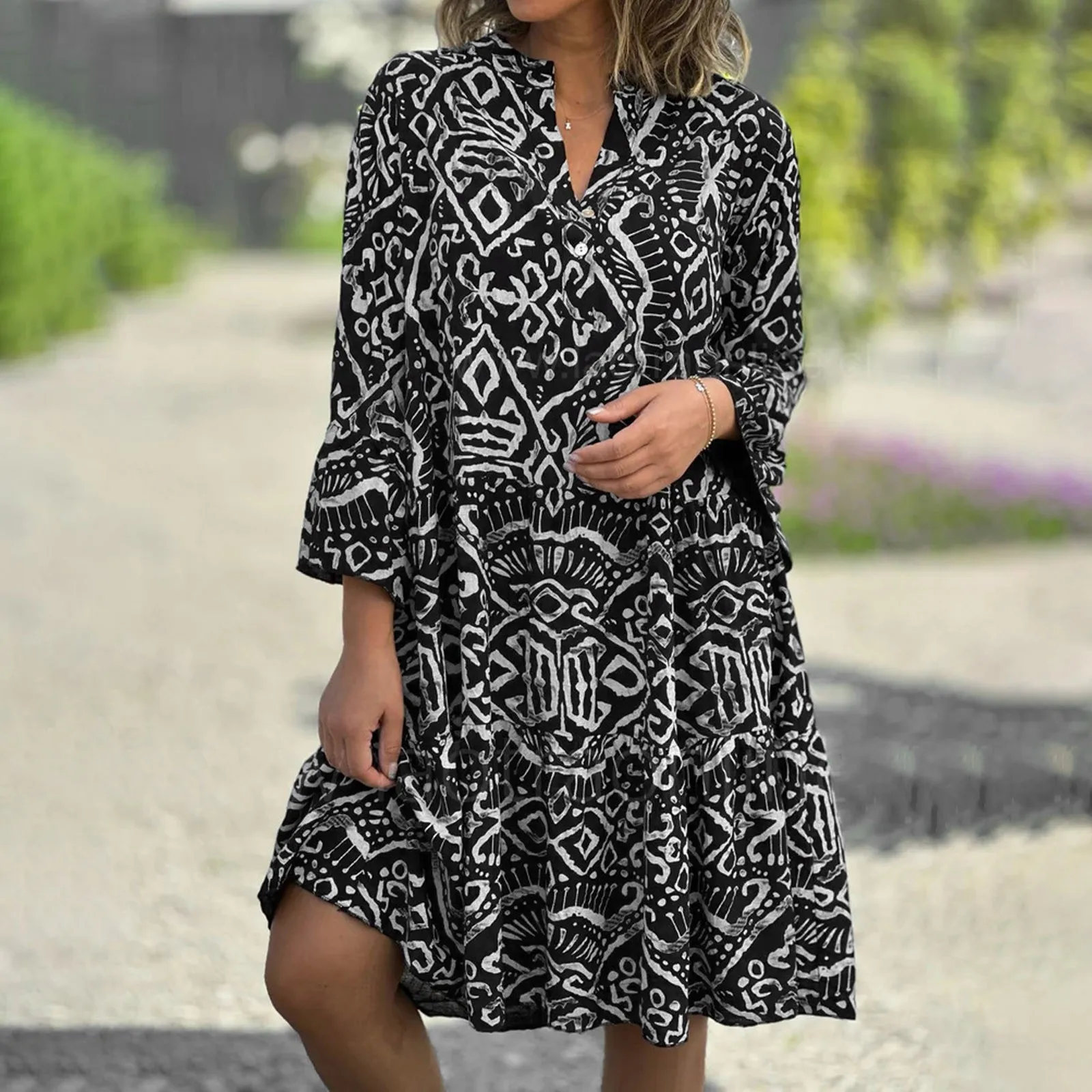 

Women 2024 Spring Summer Boho Dress Three Quarter Horn Sleeve Dress A-line Patchwork Loose Hem Bohemian Midi Dress Vestido