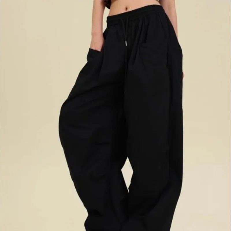 Women's Spring Summer Elastic Solid Pockets Bandage High Waisted Wide Leg Workwear Loose Trousers Casual Fashion Vintage Pants