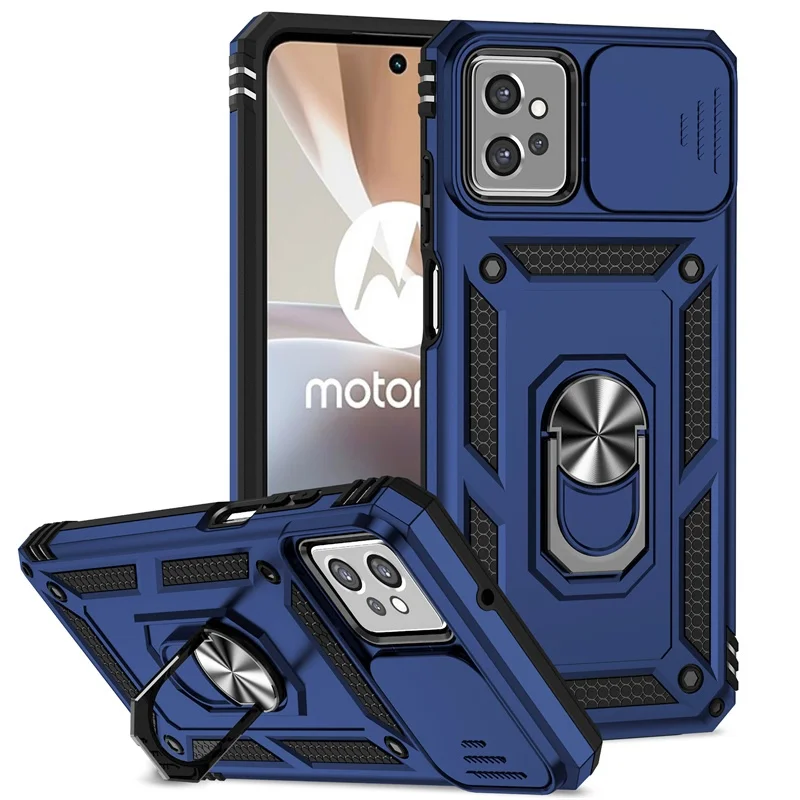 Durable Shockproof Case with Slide Lens Protector and Ring Stand Holder