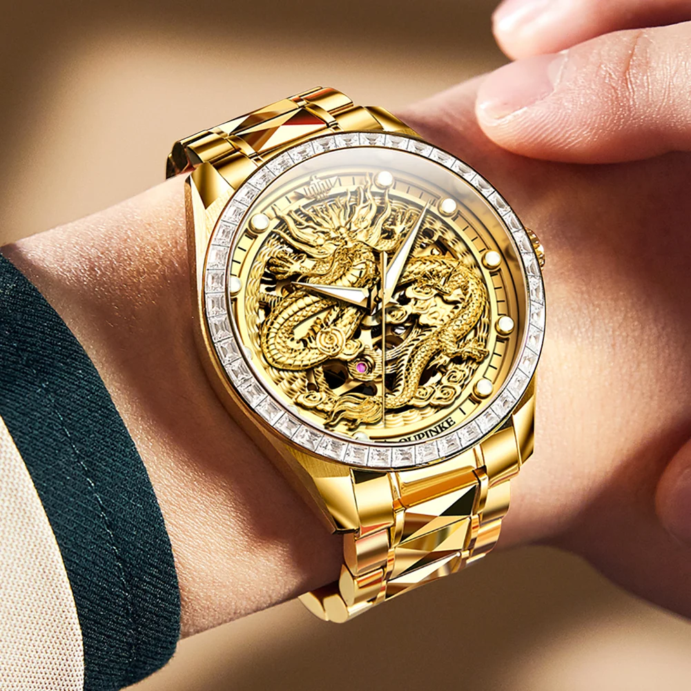 Original OUPINKE Brand Luxury Gold Dragon Automatic Watch for Men High Quality Diamond Watches Skeleton Mechanical Wristwatch