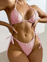 Sexy Solid Ribbed Bikini Halter Strappy Swimwear WoSwimsuit Low Waist Bikini Set Bathers Bathing Suits Beachwear