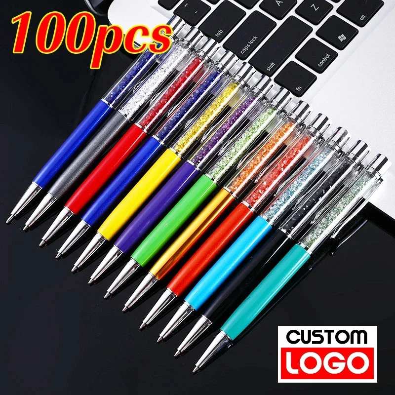 

School Engraved Wholesale Advertising Ballpoint Metal 100pcs/lot Custom Writing Ballpen Pen Name Crystal Stationery Office Logo