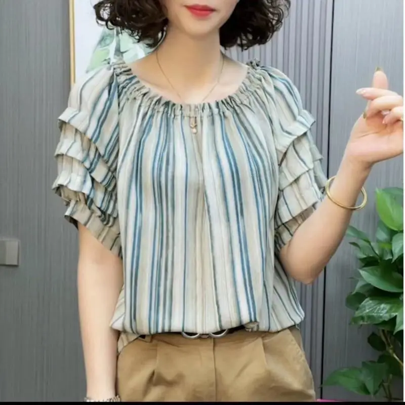 2024 Summer New Women's Pullovers Crew Neck Stripe Casual Korean Version Loose Short Sleeve Commuter Chiffon T-shirt Thin Top women s cotton padded jacket short loose plus size hooded thin explosions tide fashion new korean version 2023 versatile tideway