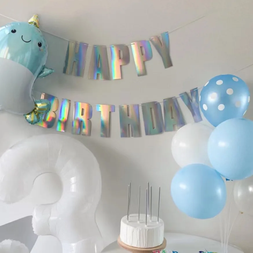 Iridescent Silver Happy Birthday Banner Hanging Garland Kids Birthday Party Decoration Banner Baby Shower 1st Boy Girl