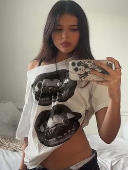 American Street Hip Hop Mouth Print Loose T-shirt Women Personalized Casual Top 1