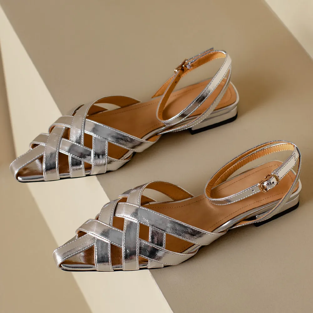 

Women's genuine leather narrow band braided pointed toe ankle strap flats sandals soft comfortable casual female summer shoes