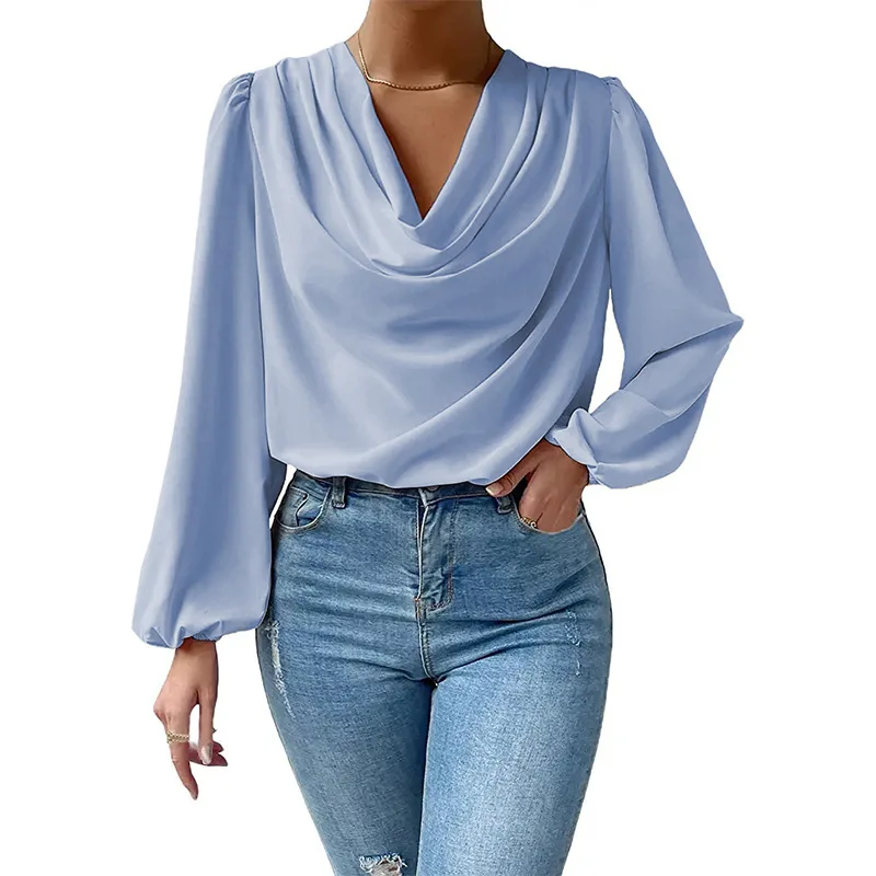 

Elegant Women's Chiffon Long Sleeve Shirt Loose Draped V-Neck Top T-shirt 2023 Women's Fashion Pink Versatile Casual T-shirt