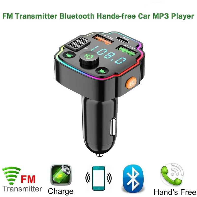 Transmisor FM con Bluetooth para coche, reproductor MP3, manos libres, PD  3.1A, cargador rápido, luz de ambiente, encendedor de cigarrillos, cargador  sin pérdidas