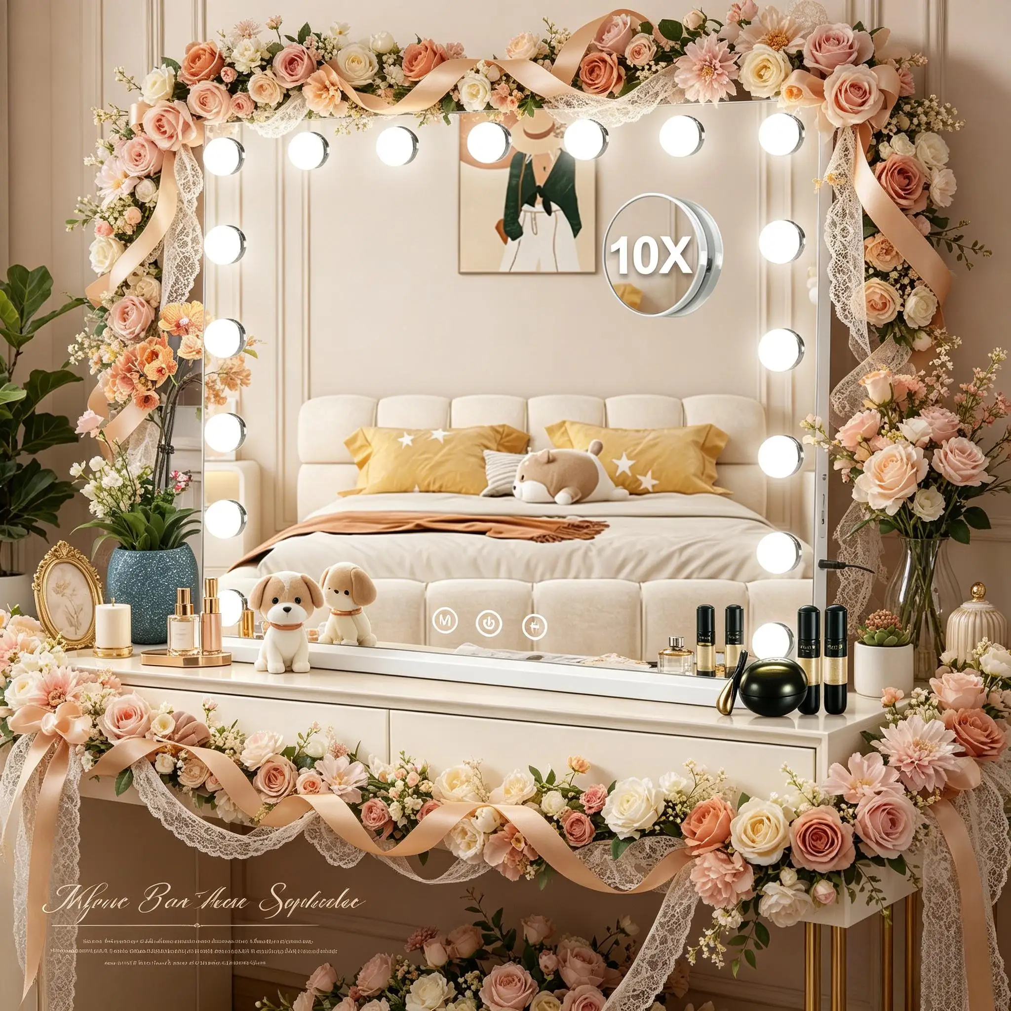 Large Hollywood Vanity Mirror, 17 Dimmable LED Bulbs, USB Charging Port, Lighted Makeup Mirror for Bedroom Dresser