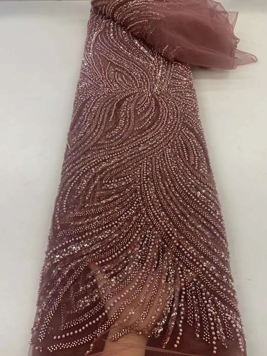 

High quality ,New 2024 Beads Embroidery With Pearls French tulle net,,Bead Nigeria Fabric For Weddings, Evening Dresses