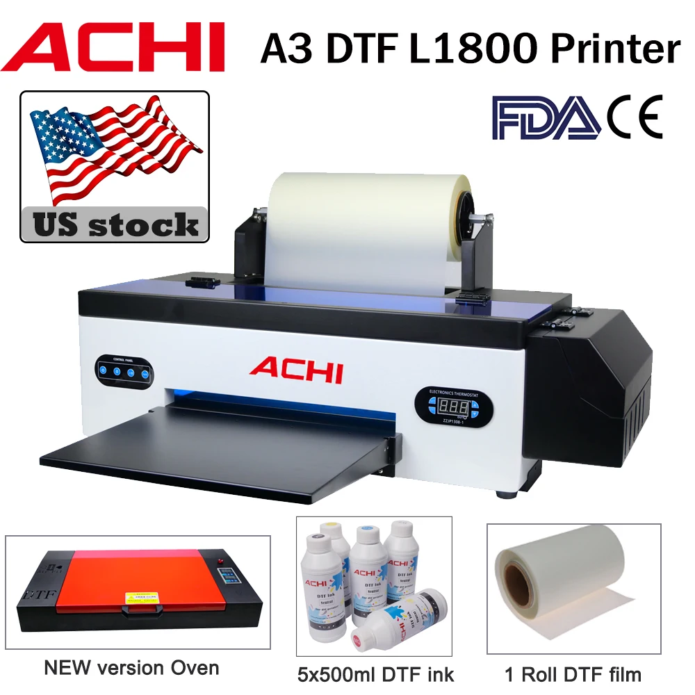 

Цветной принтер ACHI A3 DTF L1800 для печати на пленке, футболках, футболках, термоперенос, прямая трансферная рулонная пленка, машина для печати на футболках