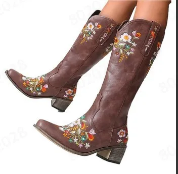

Spring Autumn Women Boots Knee-High Embroidery PU Square Heels Punk Retro Style Pointed Toe Chunky Heel Women Brown Modern Boots