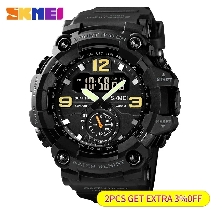 Skmei Dual Movement 3 Time Sport Wristwatch Mens Waterproof Electronic Watches Montre Homme Shockproof Digital Men Watch 1637