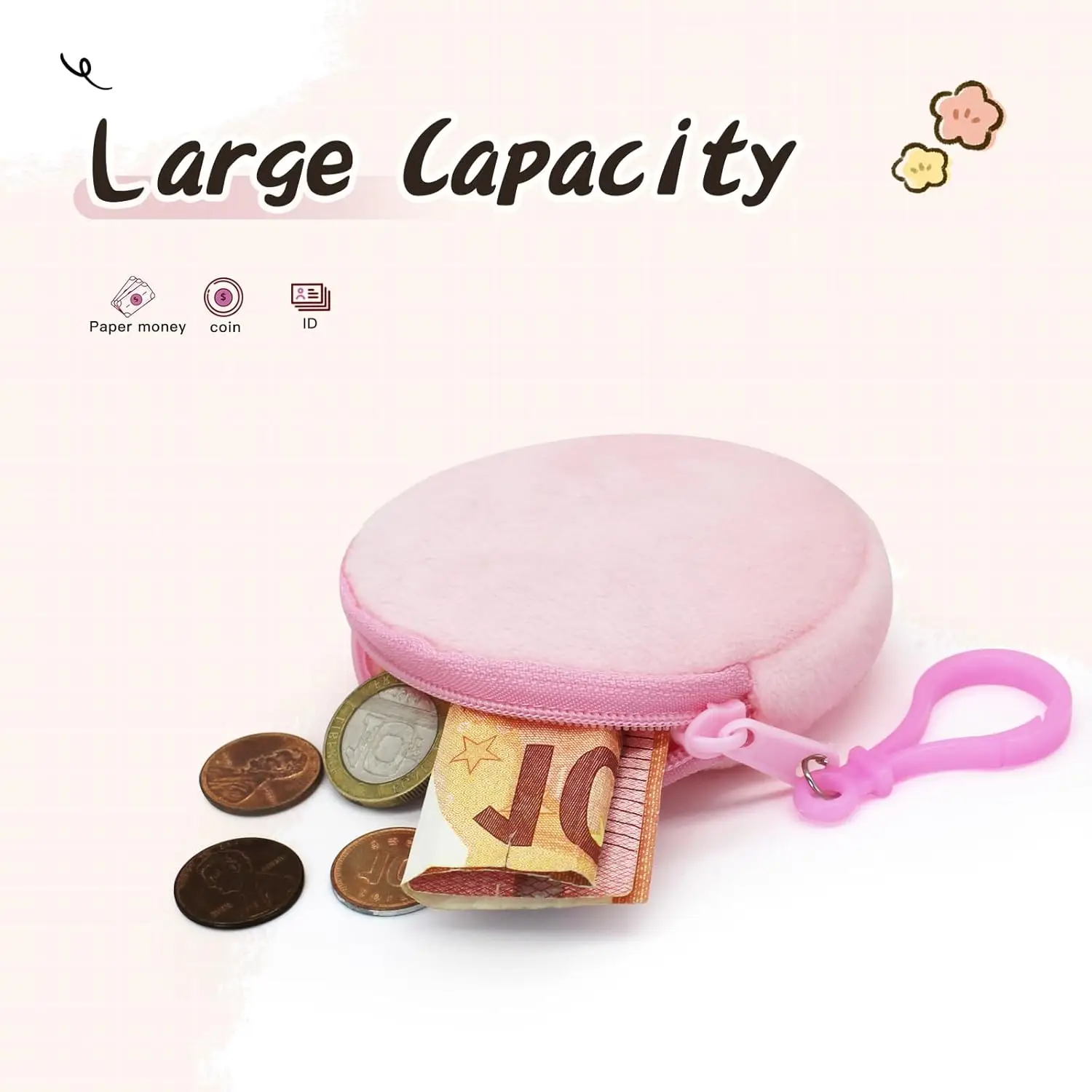 Fashionable Soft Plush Round Coin Purse with Carabiner Clip