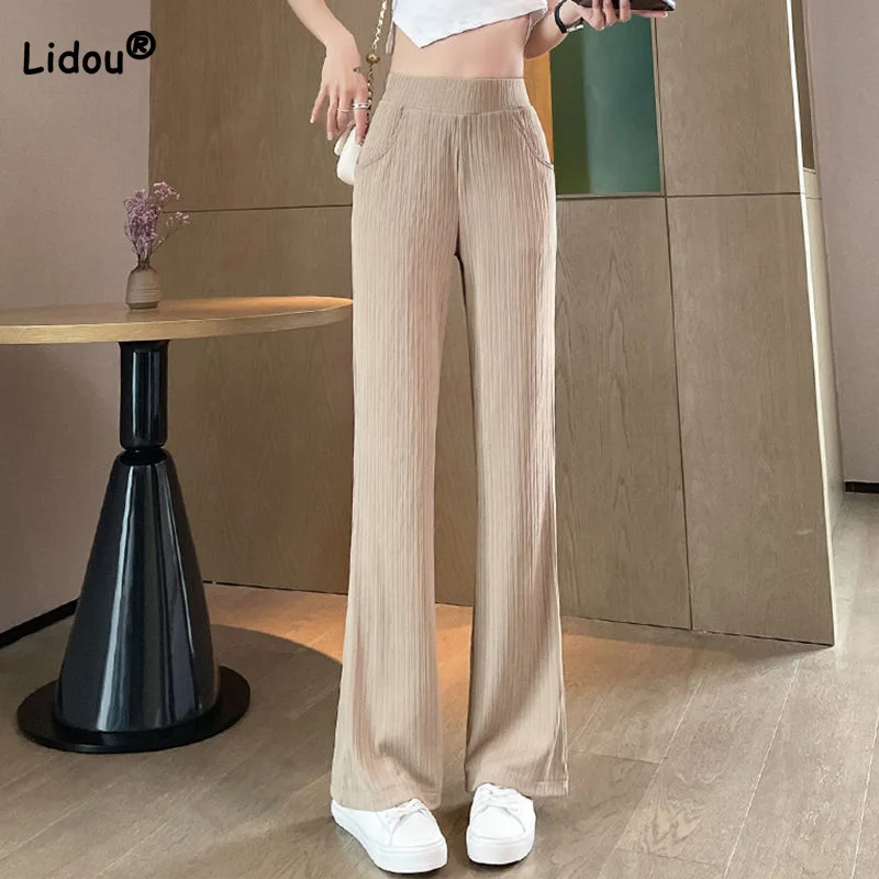 Spring Summer Ice Shreds Pockets Loose Casual Trousers Fashionable Ice Shreds High Waist Micro Flared Wide Leg Pants Female summer women button elastic high waist quick drying ice shreds trousers casual drape loose nine points harem pantalones de mujer