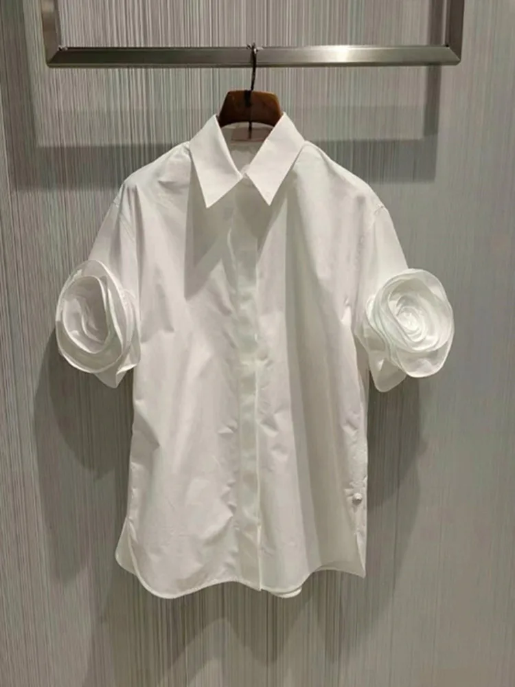 

LUXE&ENVY Design sense flower white short sleeved female niche 2024 spring/summer new style versatile shirt, workplace top