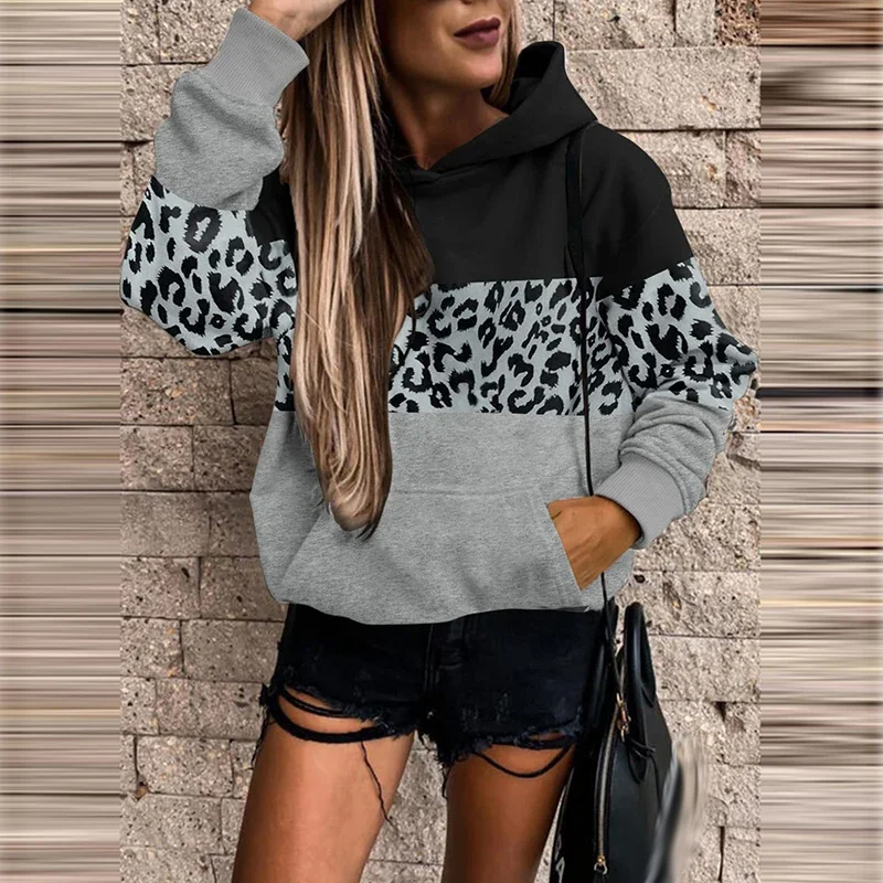Fashion Print Multicolor Patchwork Hoodie Women Autumn Casual O-Neck Long Sleeve Hoodies Ladies Loose Office Pocket Hooded Tops