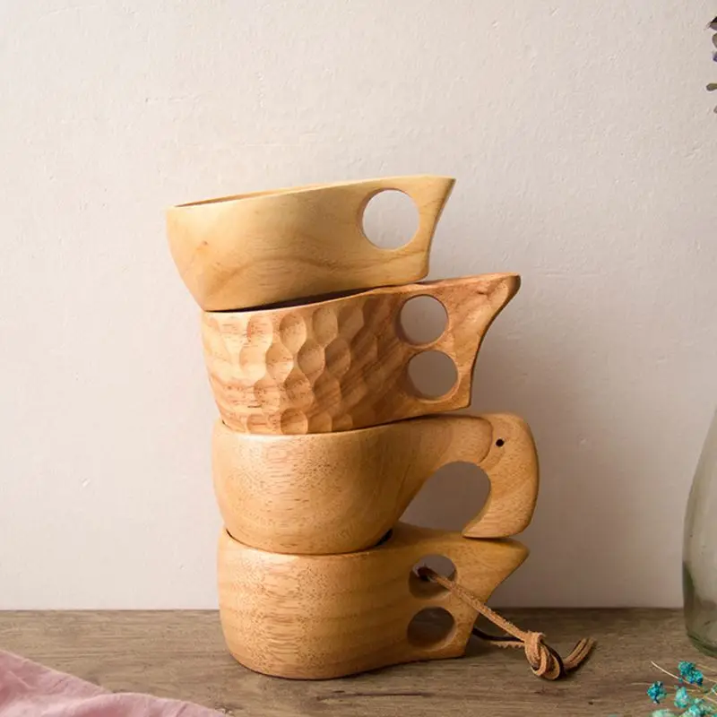 Handmade Wooden Cups Tea Coffee Mug Portable Outdoor Drinking Milk Cup With Handle Home Decor Drinkware Kuksa Kasa Tea Mug
