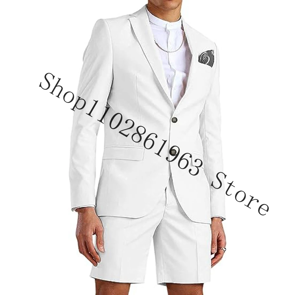 Summer Casual White Men Suits Slim Fit 2 Pieces Best Men Groom Wedding Party Tuxedos Blazer Short Pants Costume Homme Mariage